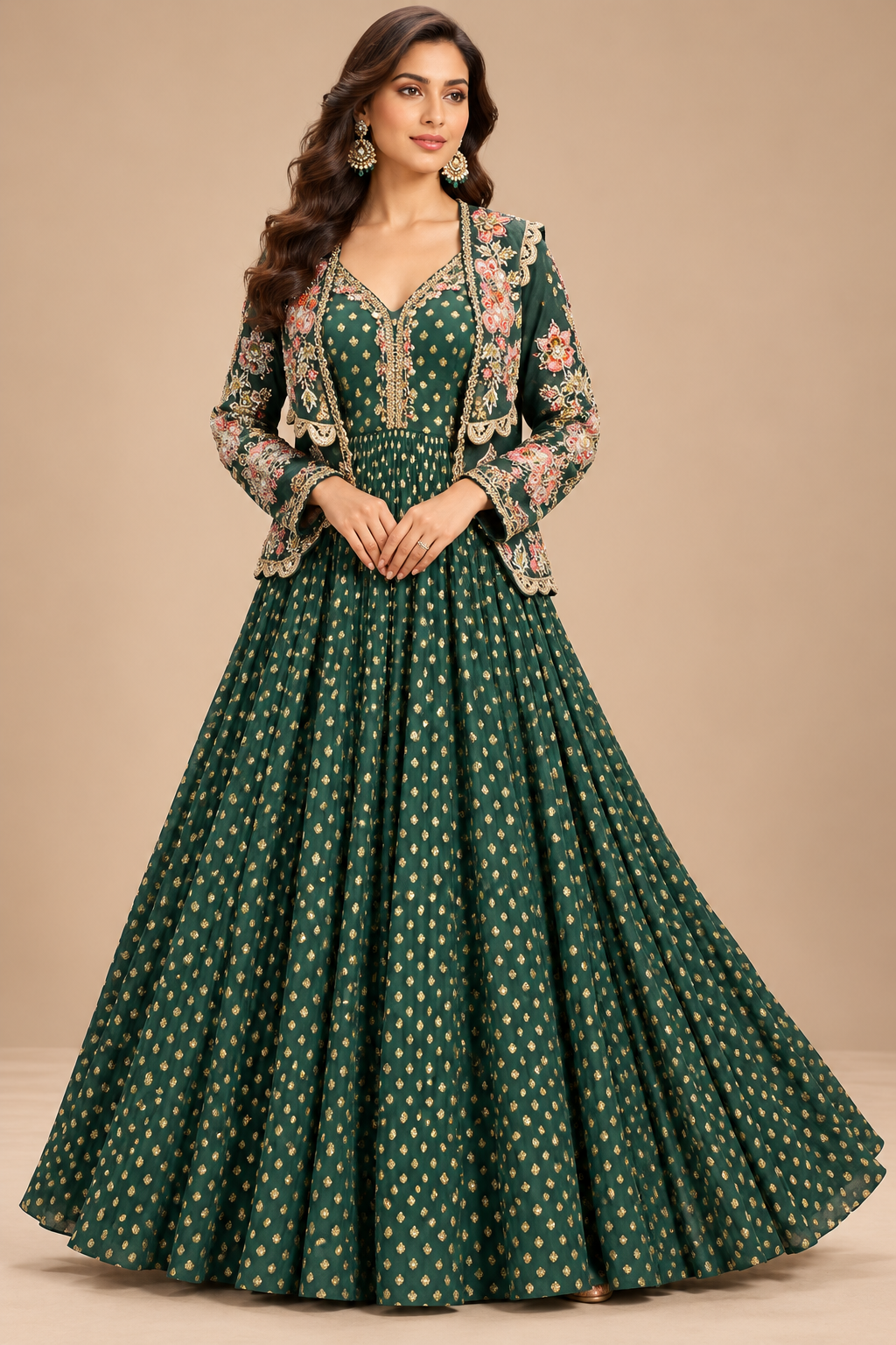 Emerald Green Embroidered Anarkali Gown with Short Jacket Set