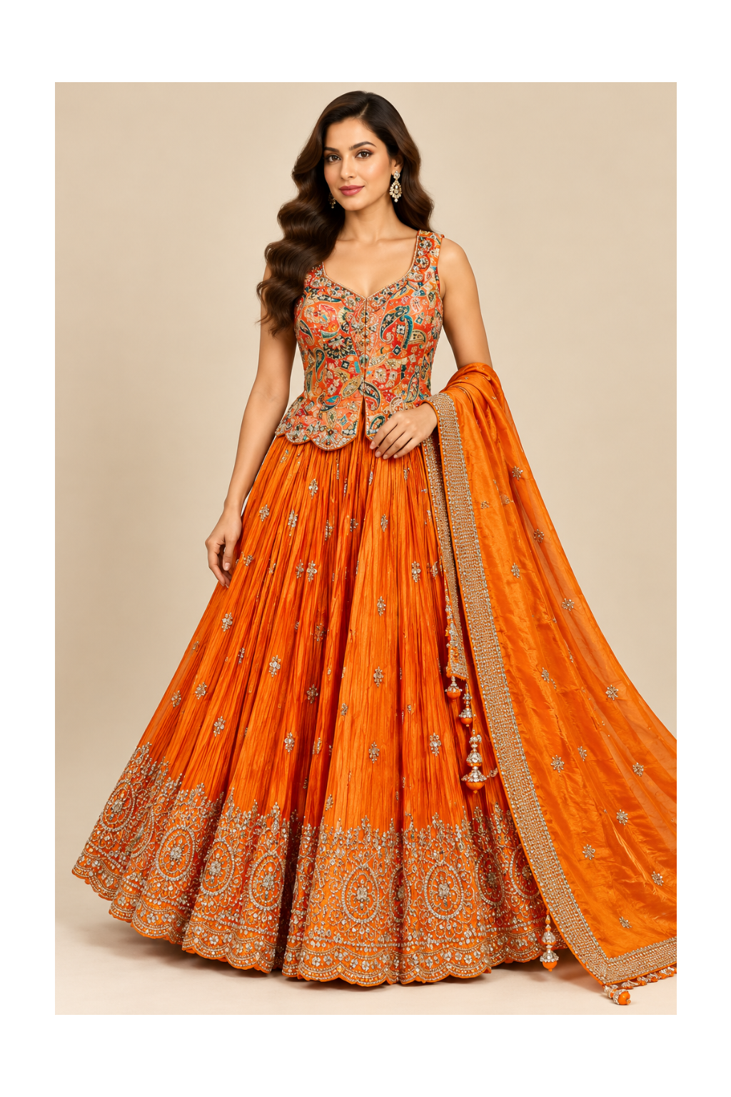 Tangerine-Orange Kalamkari-Print Peplum Corset, Pleated Lehenga