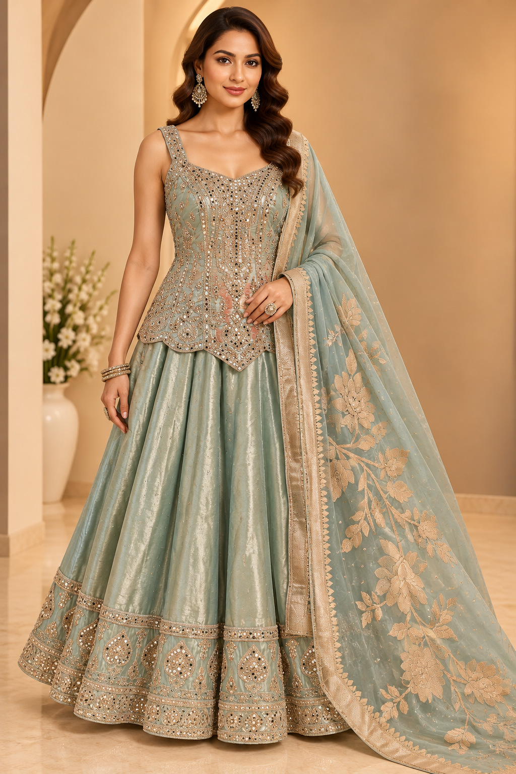 Sage Mint Hand-Embroidered Mirror & Zardozi Basque Corset Bustier, Crushed Flared Skirt &amp; Dupatta Set