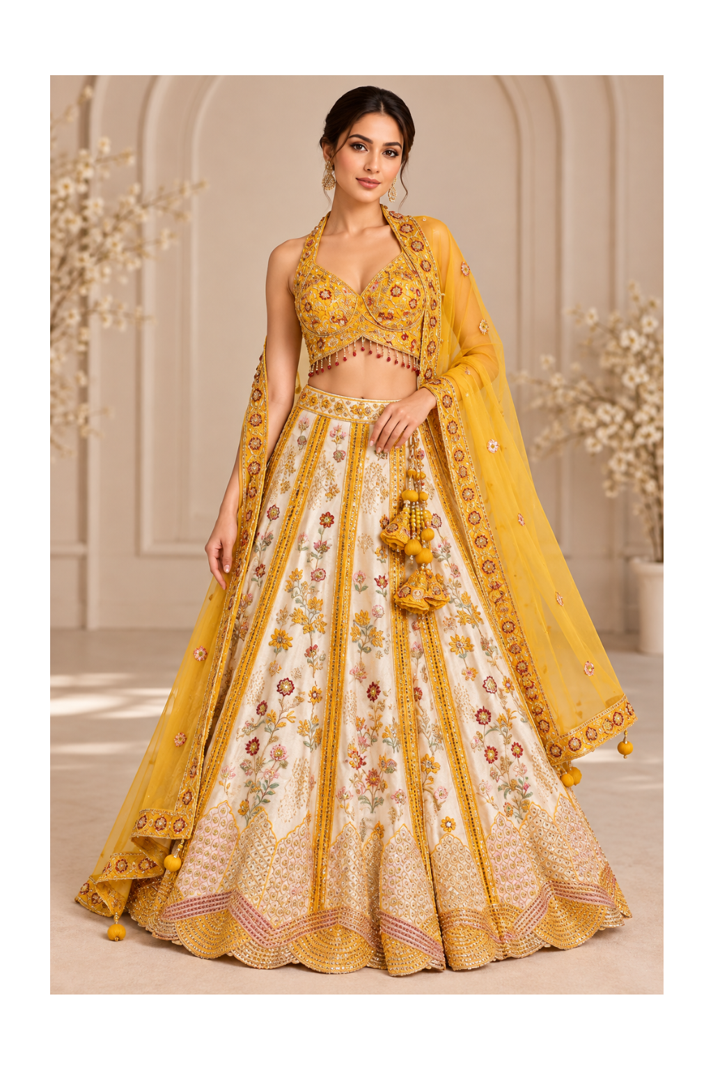 Mustard Yellow & Ivory Embroidered Halter Lehenga Set