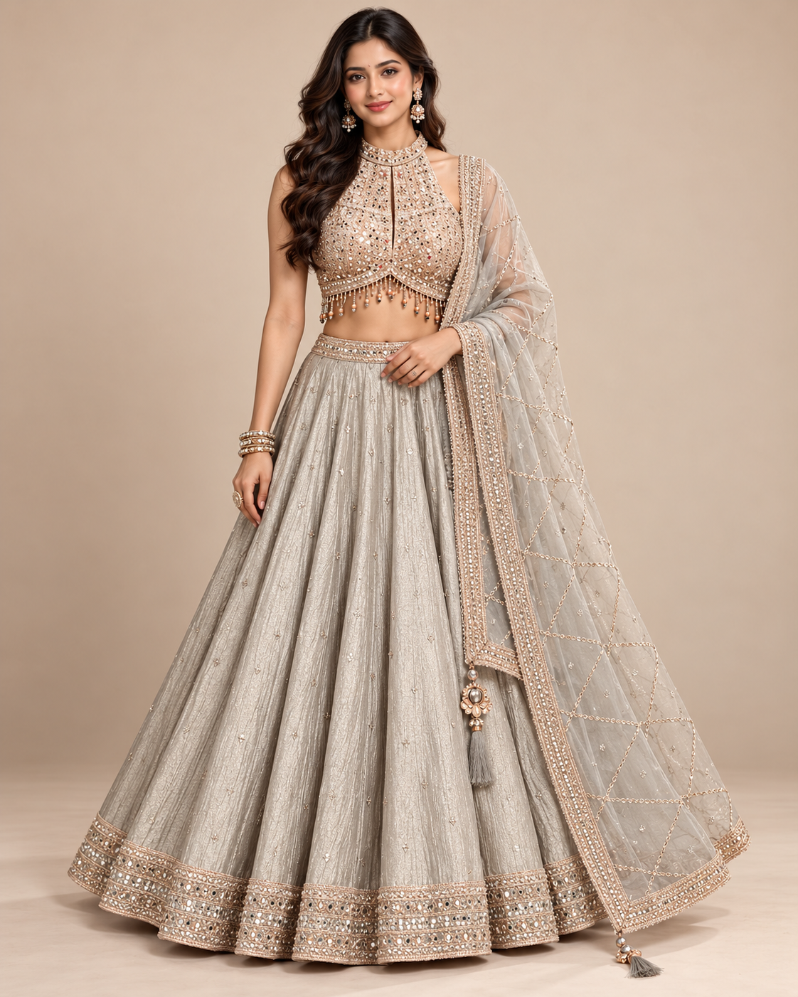 Platinum-Silver Mirror-Work Halter Bustier, Pleated Lehenga