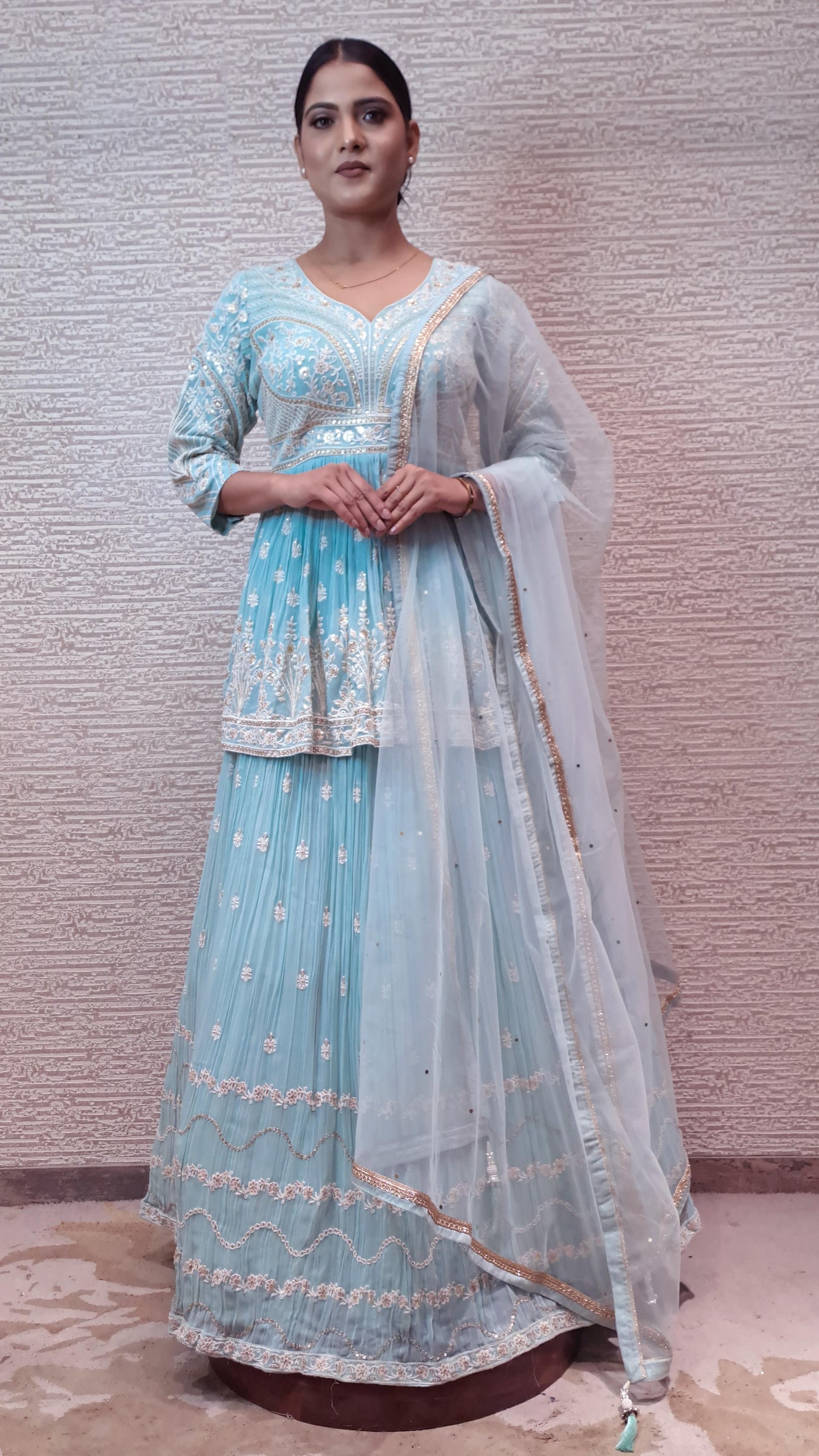 Elegant Pastel Anarkali In Ivory Threadwork In Georgette Fabric