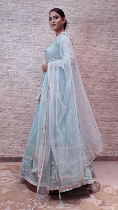 Elegant Pastel Anarkali In Ivory Threadwork In Georgette Fabric