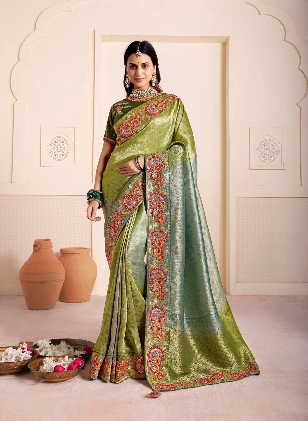 Avantika Olive Silk Saree with Zari Pallu Mandala Embroidery for Women