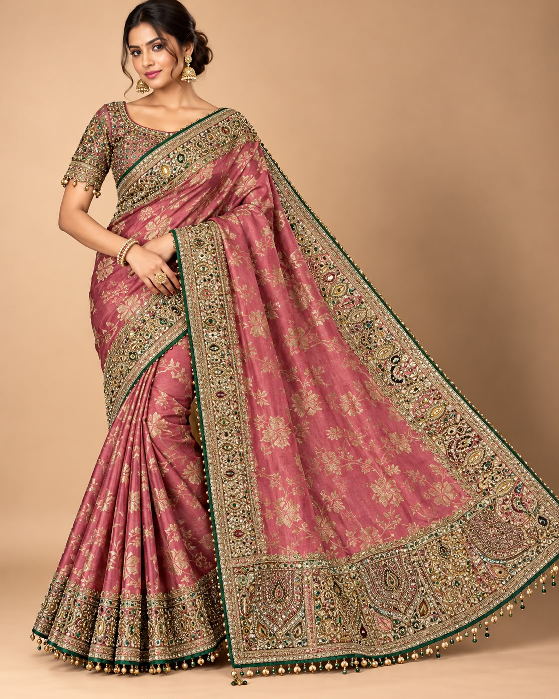 Rose Pink Floral Banarasi Silk Saree with Embroidered Blouse