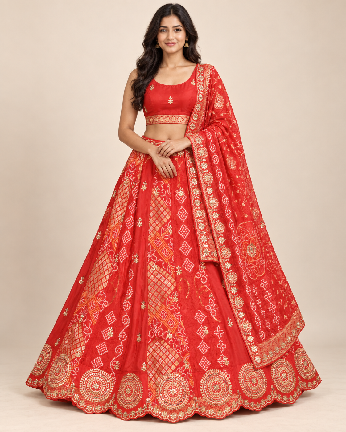 Crimson Red Bandhani Silk Embroidered Lehenga Set