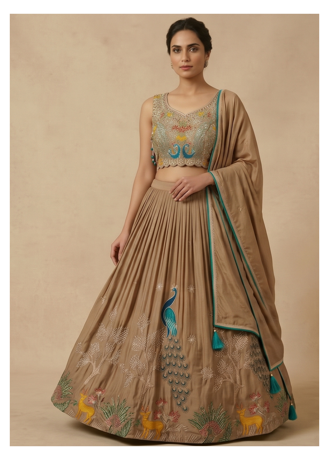 Chikoo Beige Silk Lehenga Set with Peacock & Deer Motif Embroidery