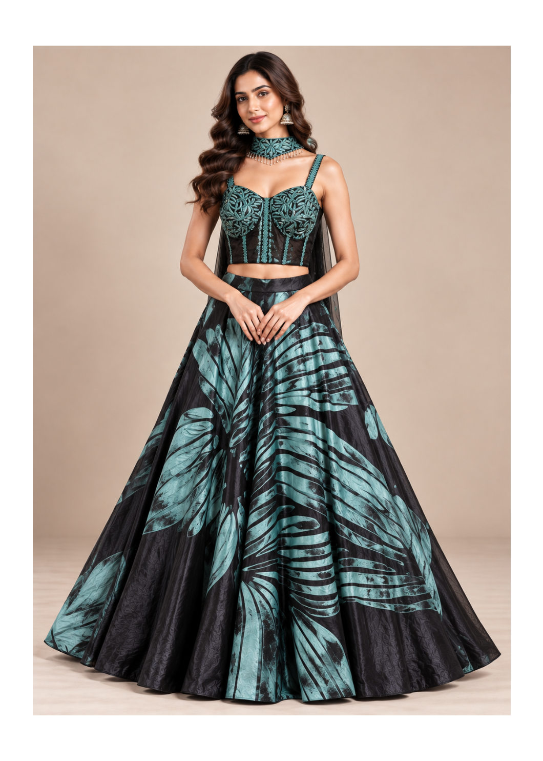 Black Teal Botanical Print Lehenga Set Main image