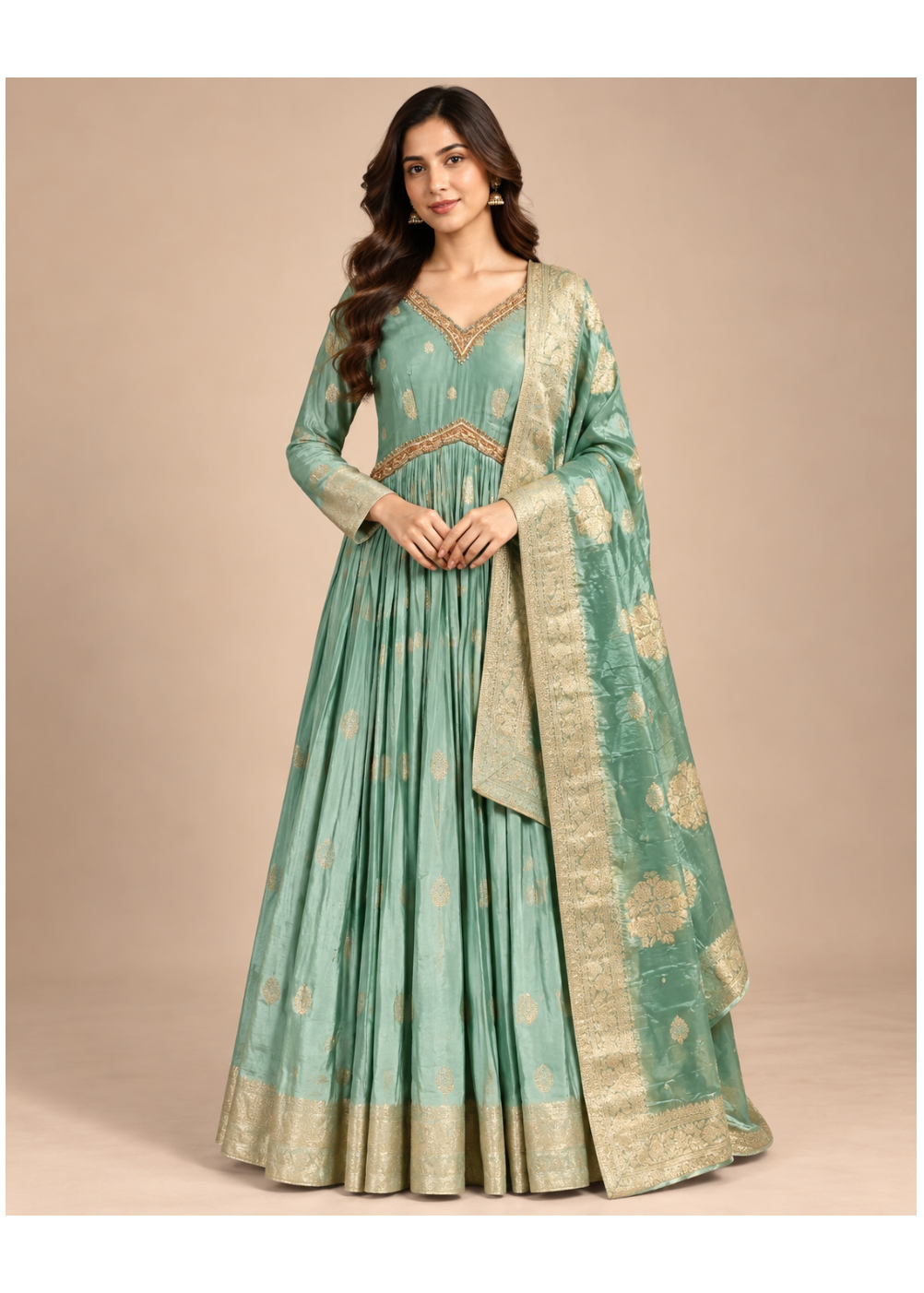 Sea Green Gold Motif Anarkali Suit
