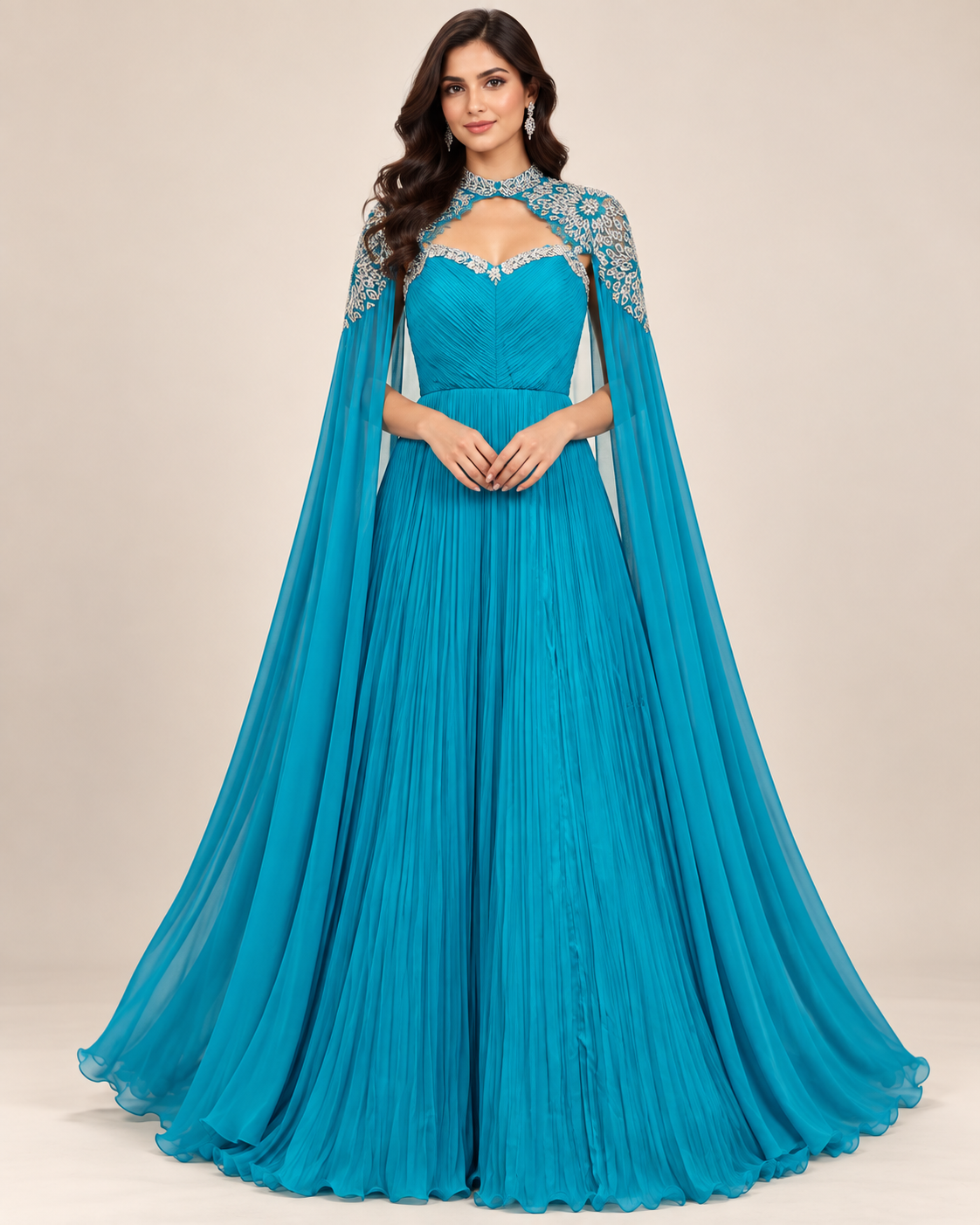 Turquoise Blue Pleated Georgette Gown with Embellished Cape Sleeves Main image