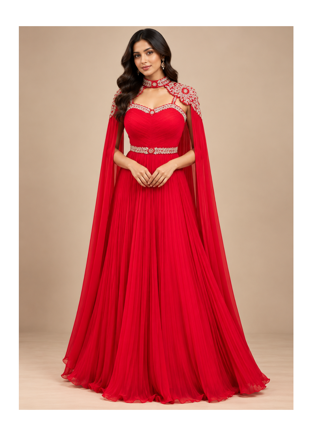 Scarlet Red Embellished Cape Gown Main image