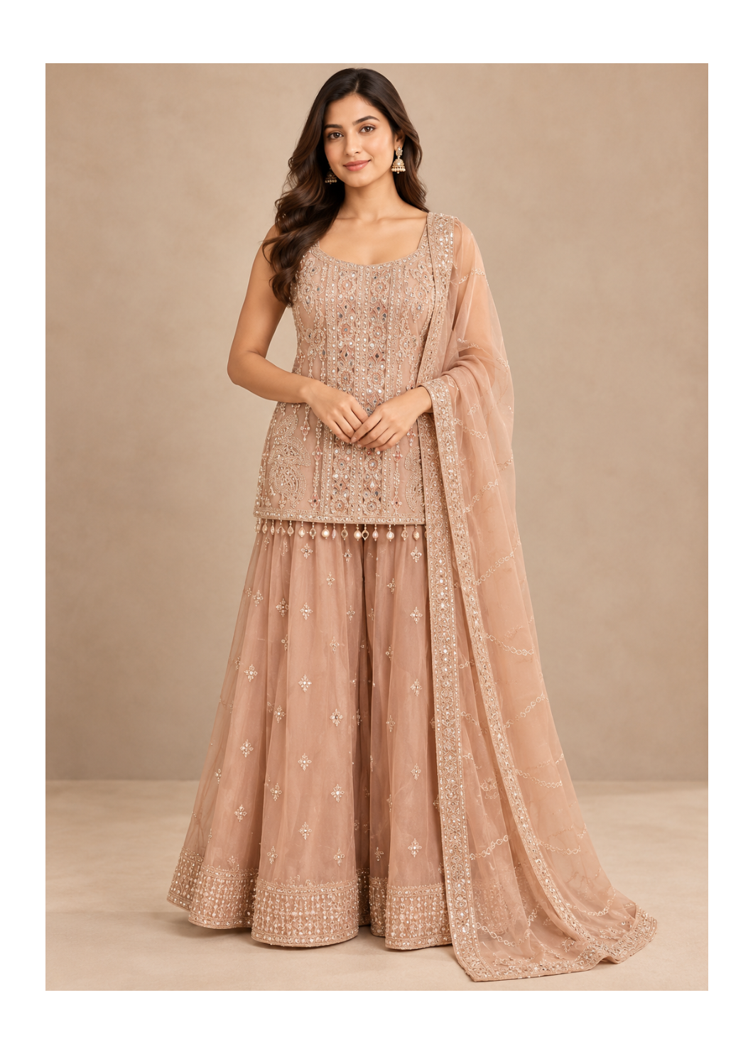 Dusty Peach Handcrafted Mirror Work Sharara Set with Pearl Fringe Main image