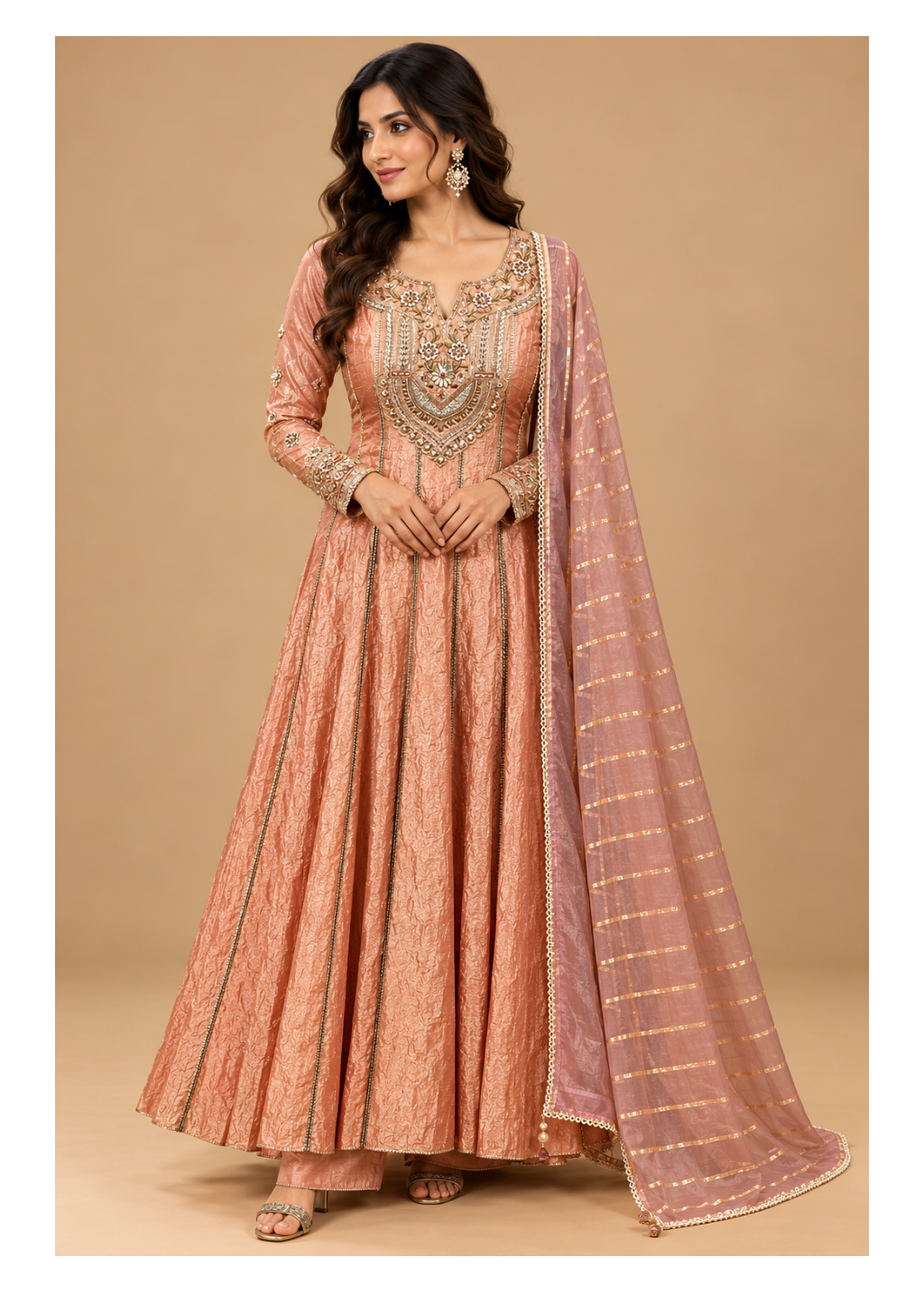 Peach Shimmer Embroidered Kalidar Anarkali Set