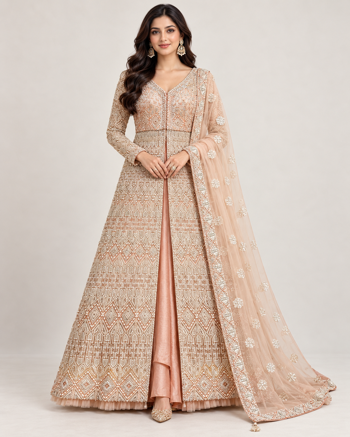 Peach Embroidered Long Jacket Gown Set Main image