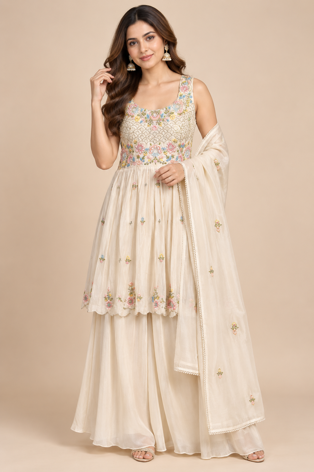 Ivory Cream Hand-Embroidered Peplum Kurti Sharara Set