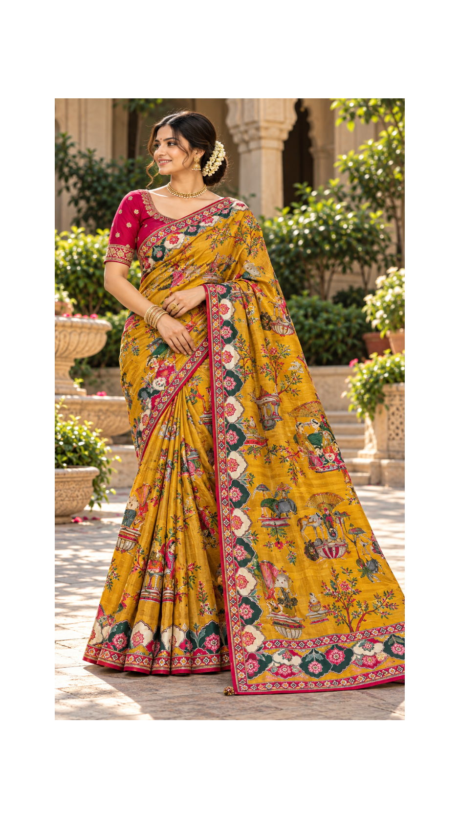 Mustard Kalamkari Silk Saree Main image