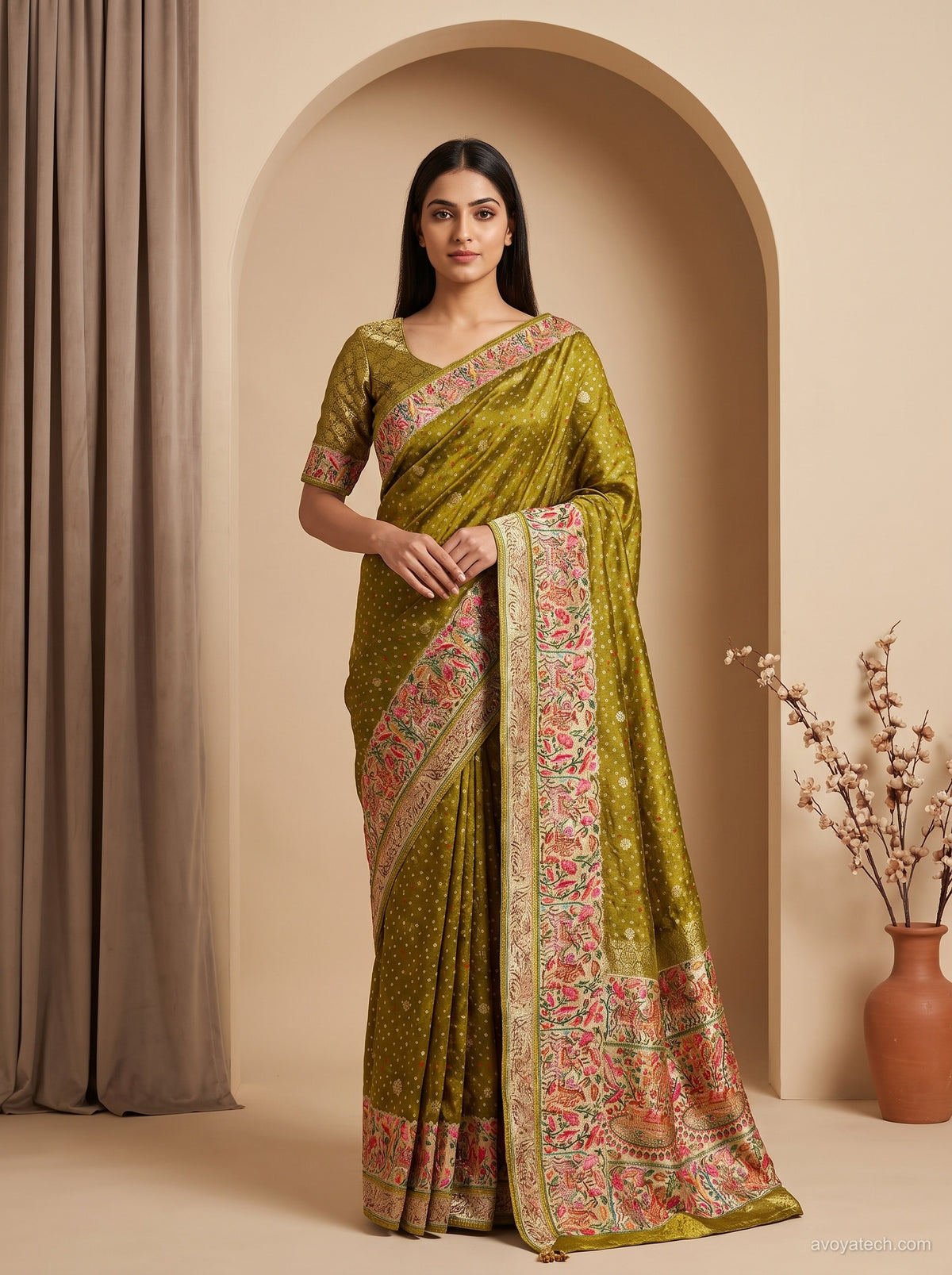 Olive Green Silk Saree with Jamawar Shikargah Floral Border &amp; Blouse Piece