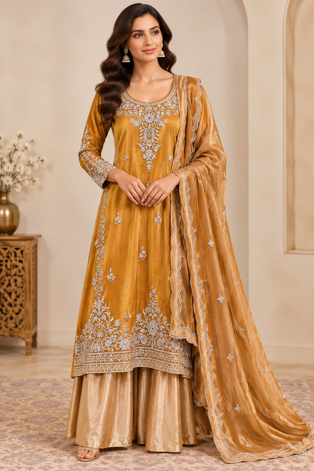 Mustard Ochre Silk Velvet Embroidered Kurti Sharara Set Main image