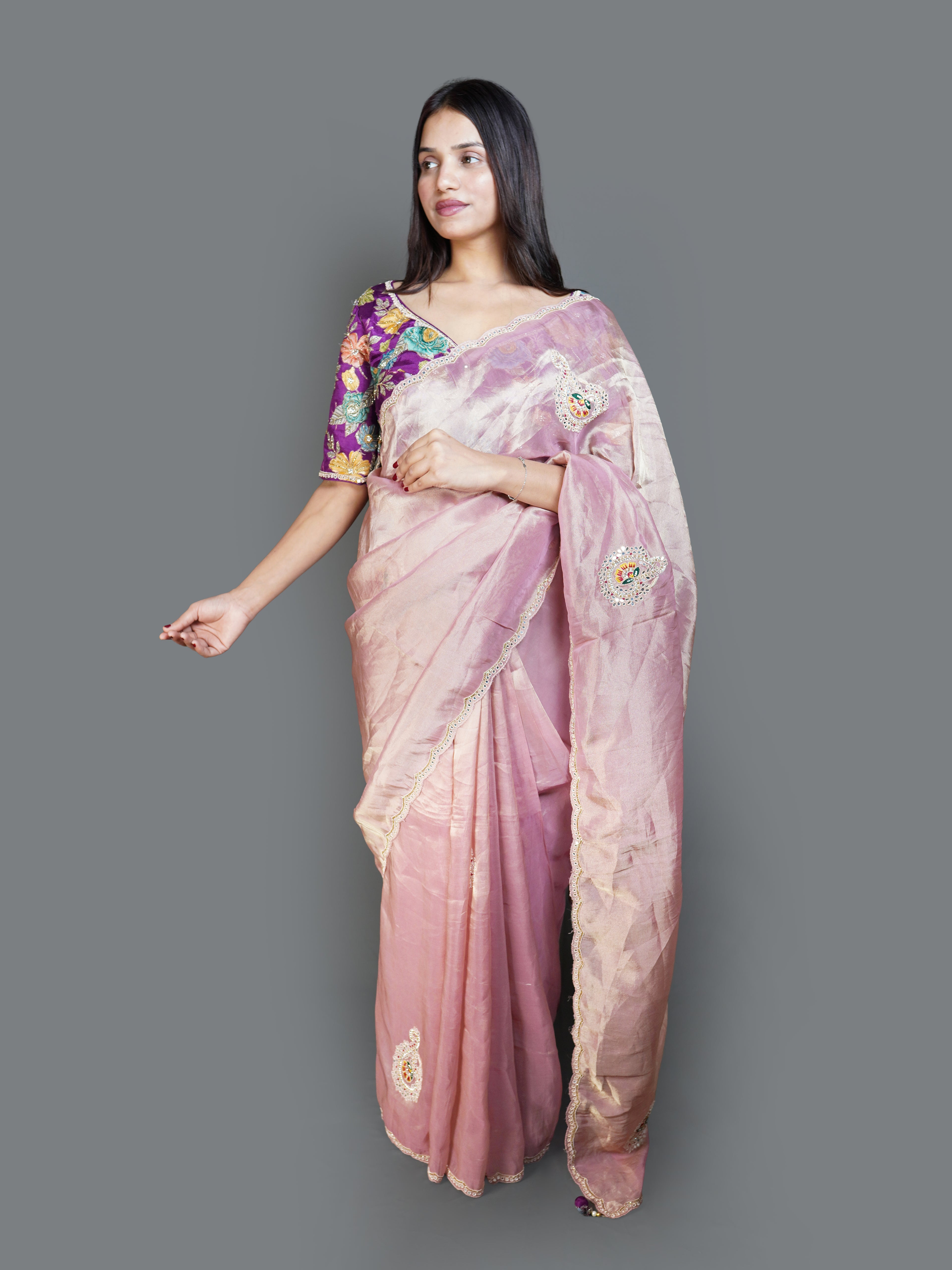 Soft Pink Shimmer Saree with Floral Blouse (14571A B-98)