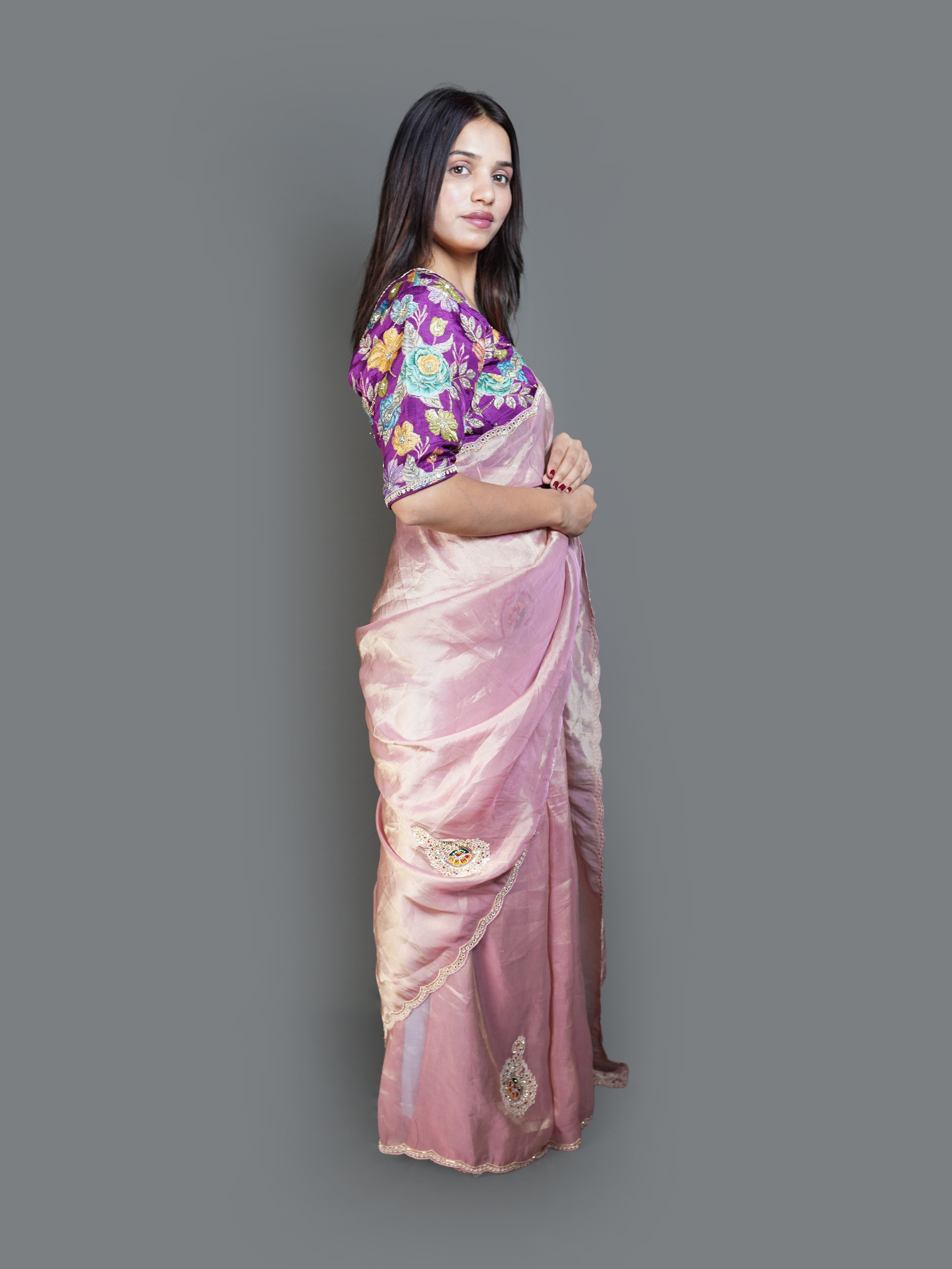 Soft Pink Shimmer Saree with Floral Blouse (14571A B-98)