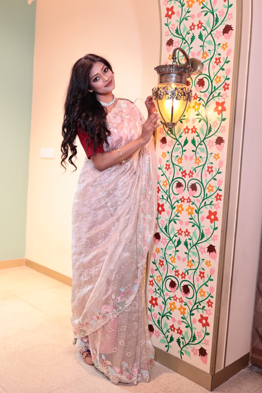 Elegant Light Pink Tissue Saree with Delicate Embroidery