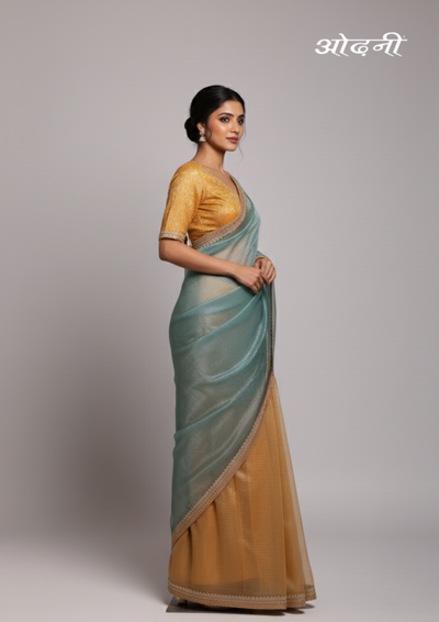 Gold and Aqua Tissue Saree (SAR-14438 R-19)