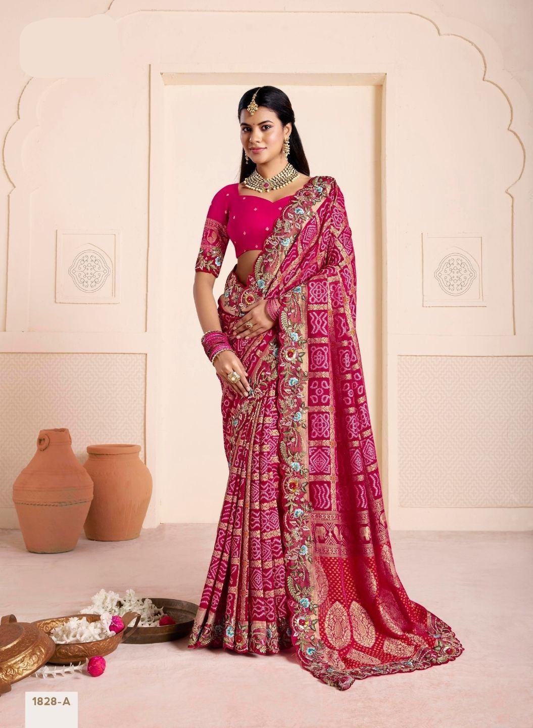 Festive Rani Pink Gajanand Bandhej Silk Saree with Embroidered Borders for women