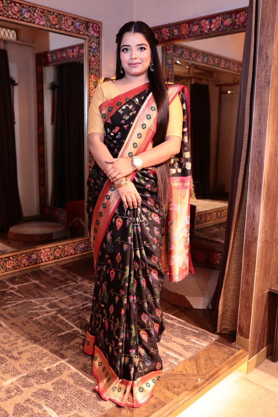 Elegant Black and Red Paithani Silk Saree with Intricate Multicolor Patterns