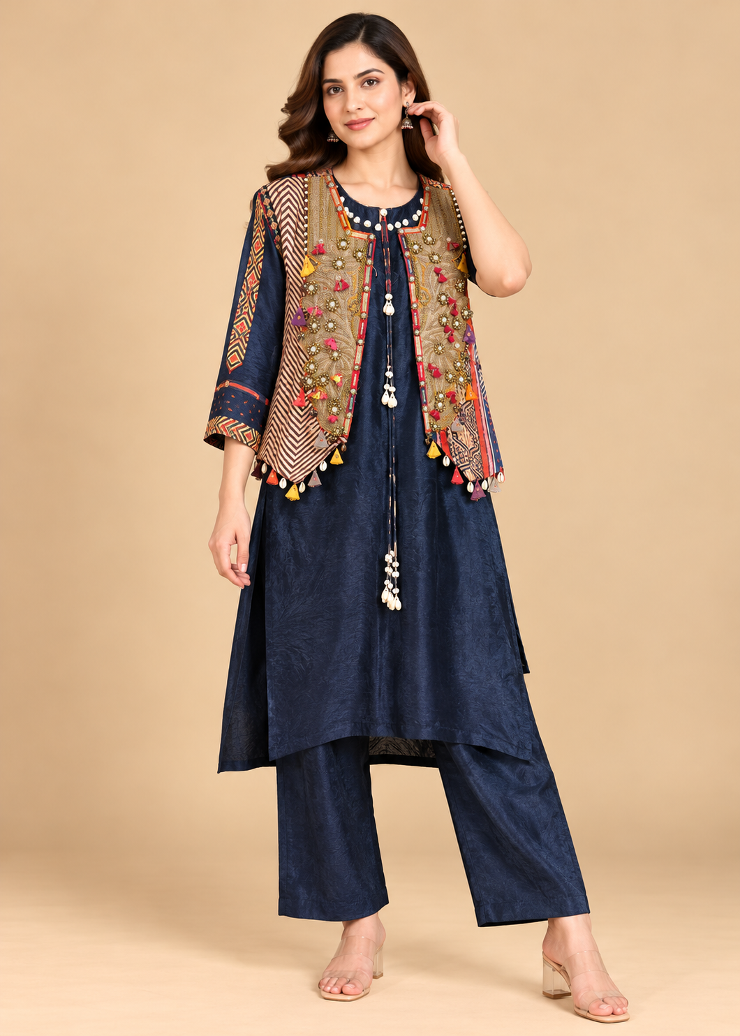 Navy Blue Embroidered Co-ord Set with Printed Ethnic Jacket