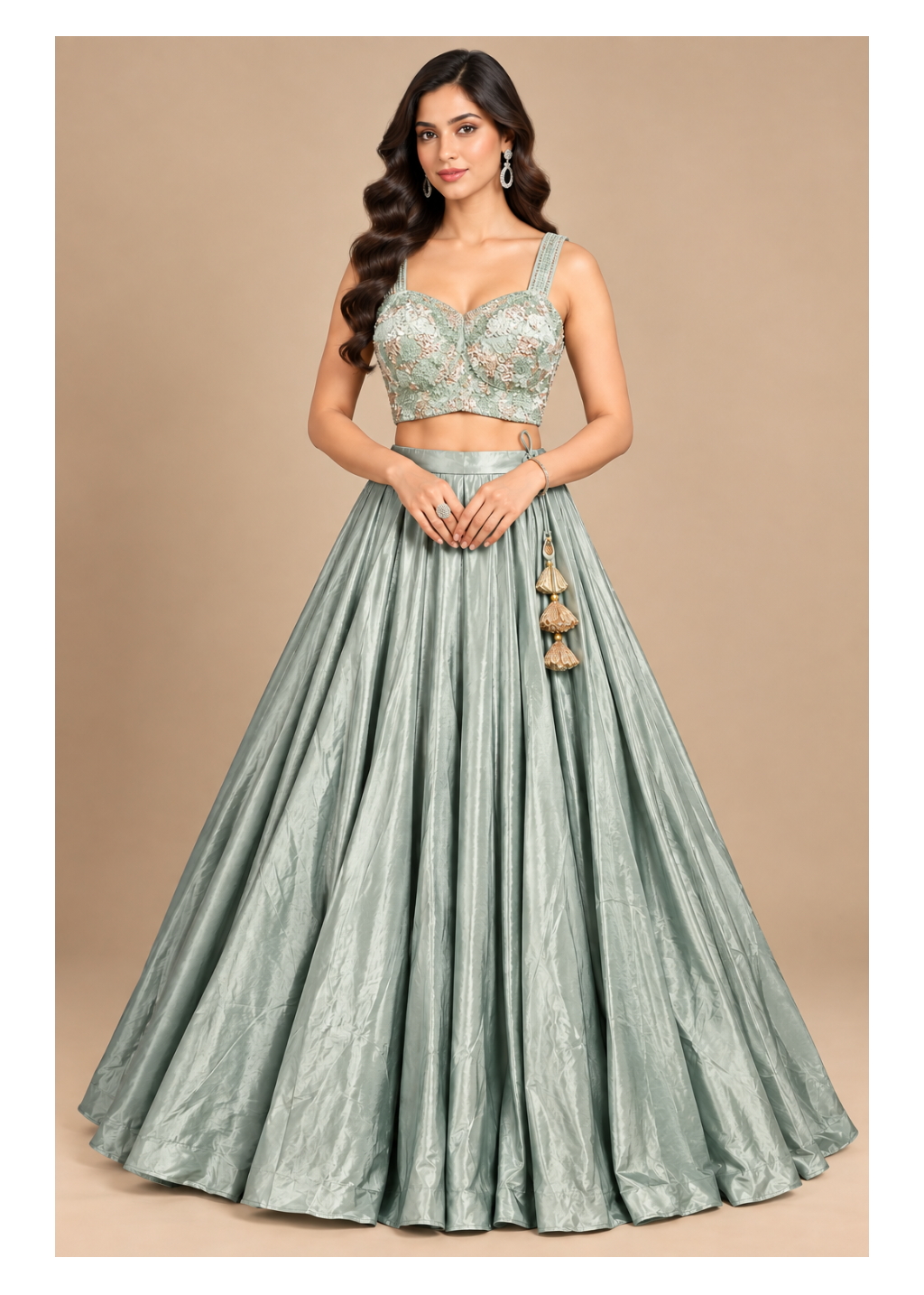 Sage Green Crushed Tissue Silk Lehenga Set with Embroidered Bustier