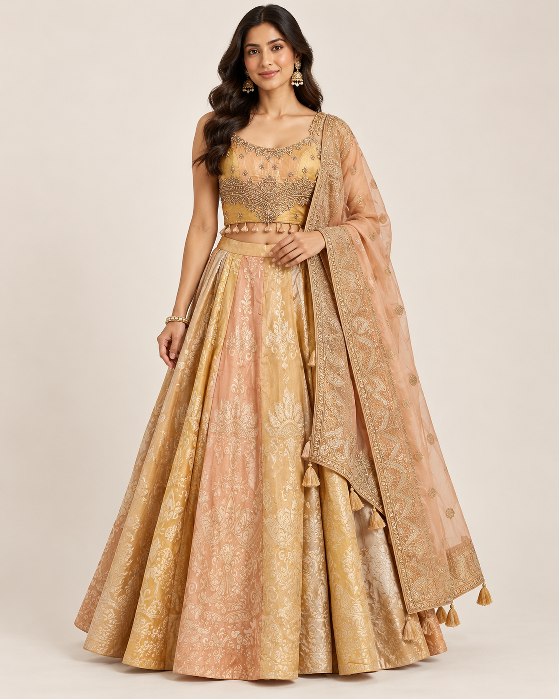 Golden-Mustard & Peach Multi-Tonal Jacquard Lehenga, Embroidered Bustier