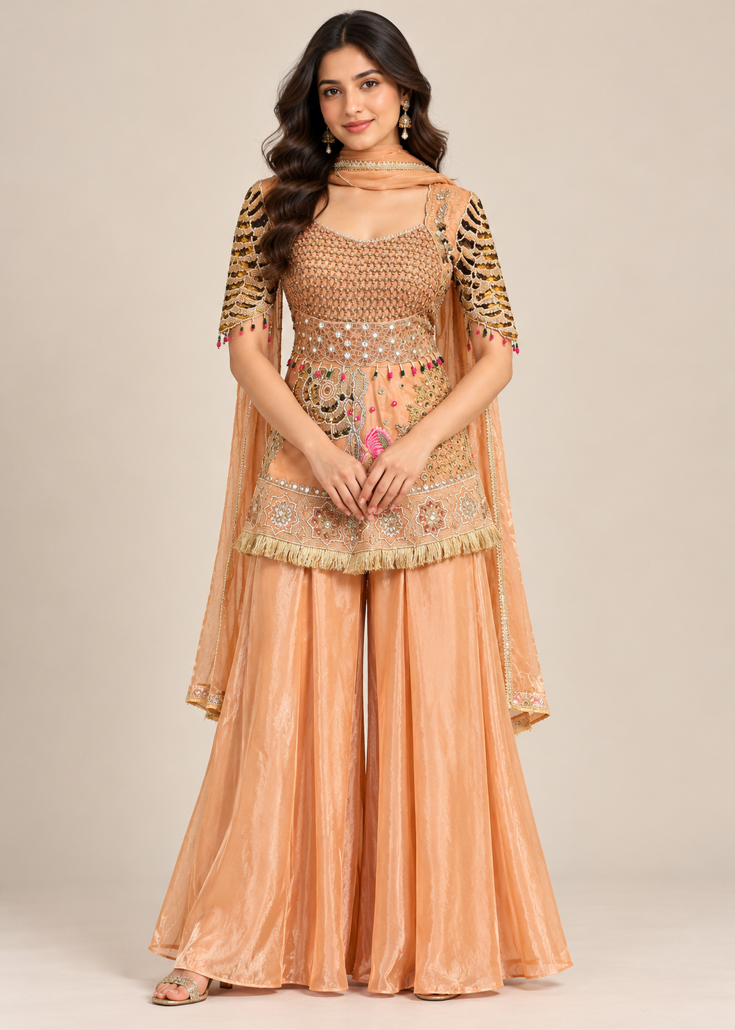 Peach Embellished Tissue Flared Sharara Set Main image