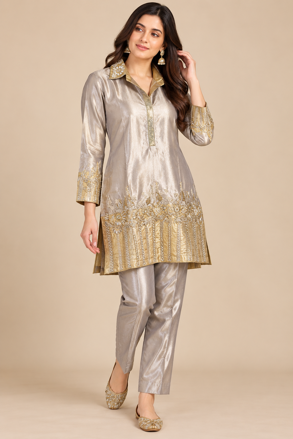 Metallic Silver-Gold Tissue Collar Kurti &amp; Cigarette Pant Set