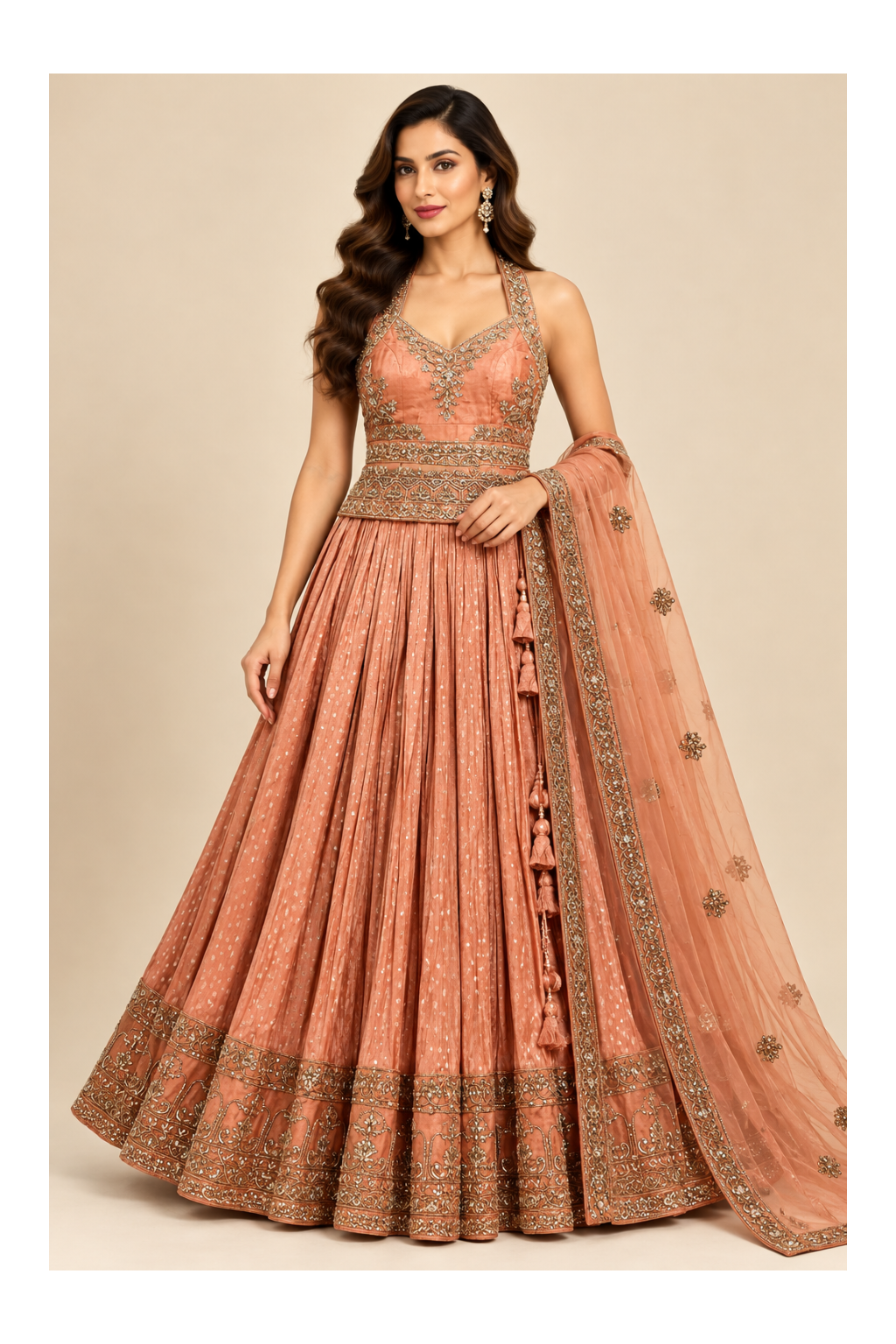 Rust-Peach Accordion-Pleated Lehenga, Halter-Neck Bustier Main image