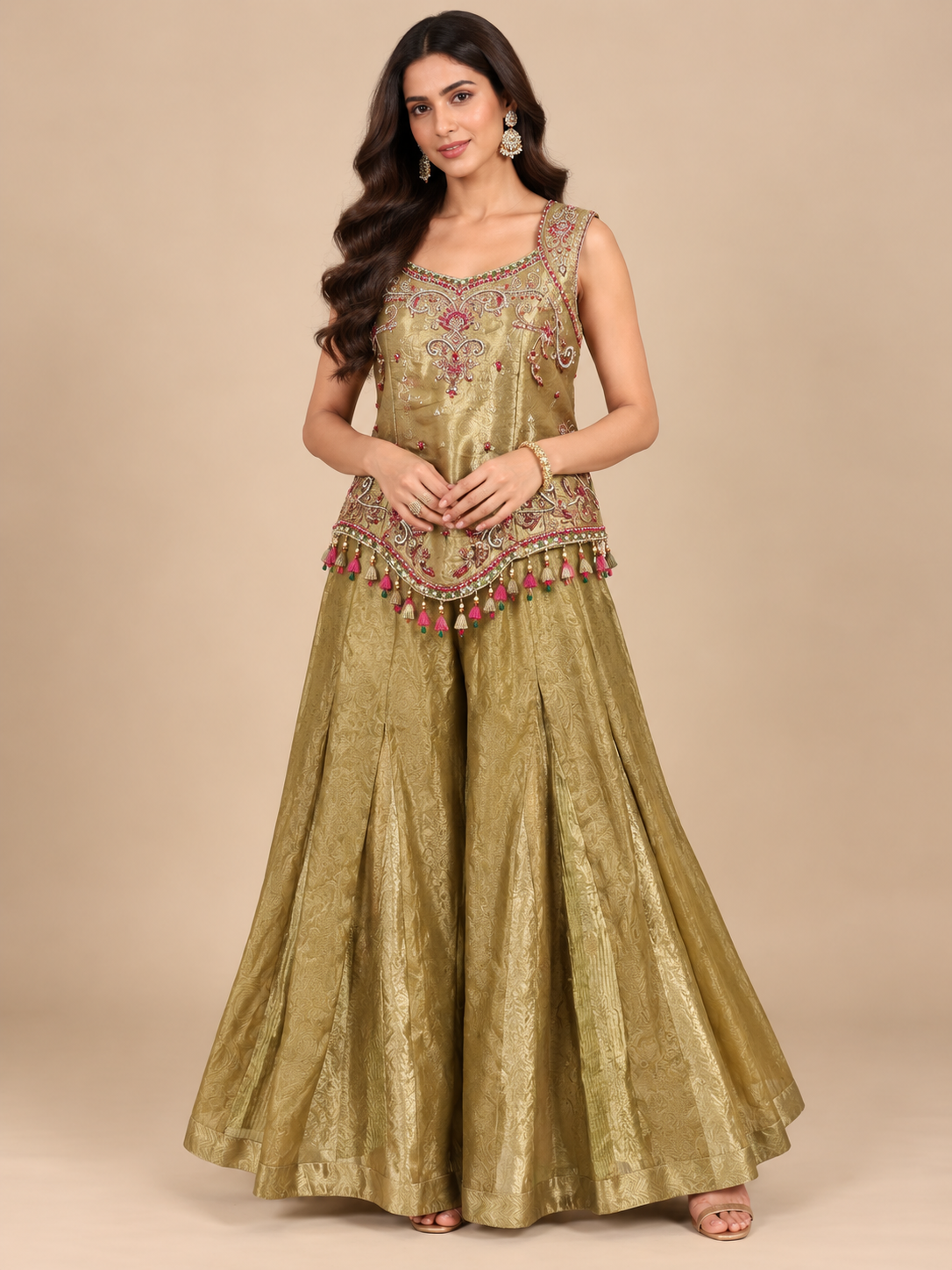 Antique Gold-Olive Brocade Peplum Top & Flared Sharara Set Main image