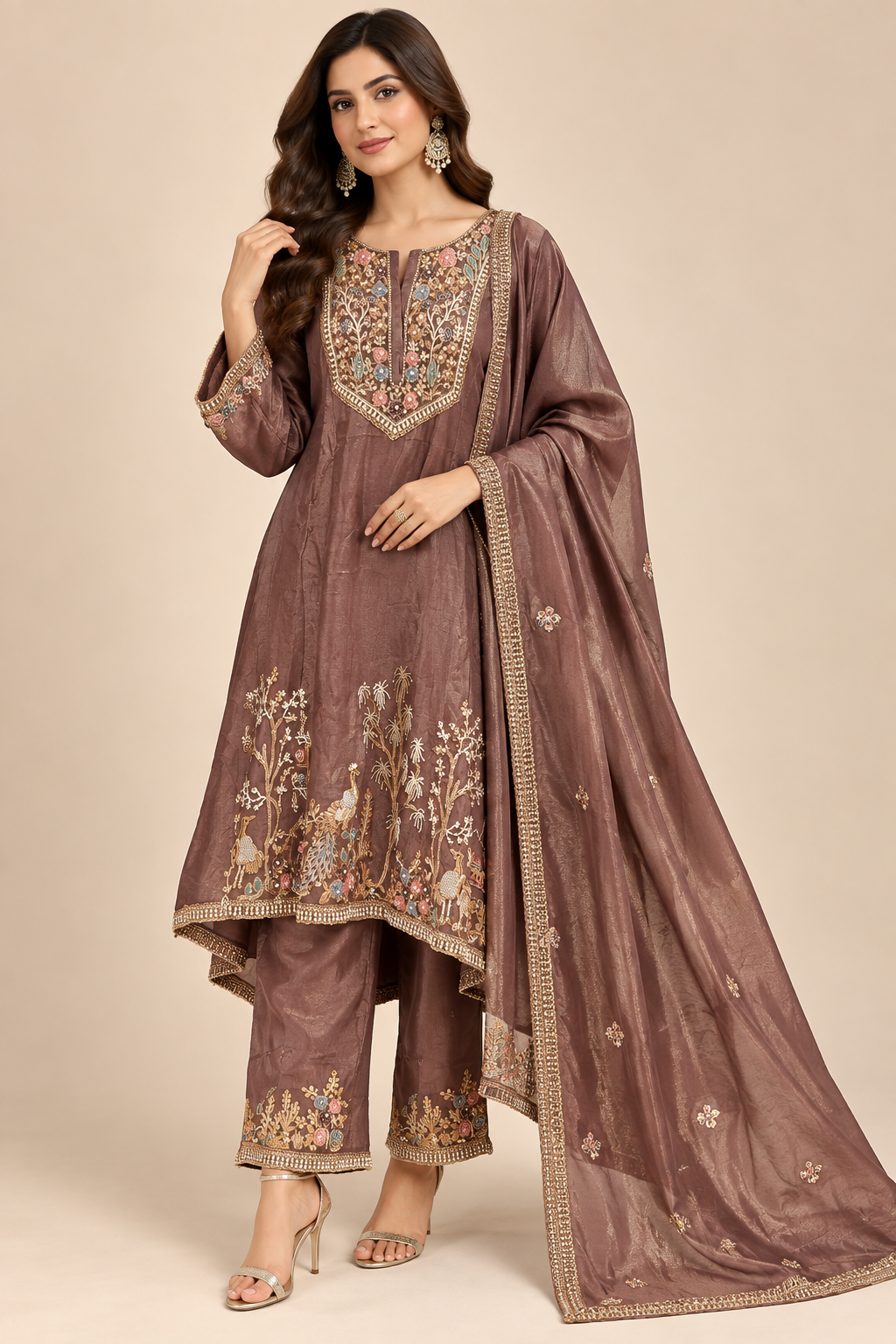 Mocha Brown Hand-Embroidered Silk Kurti &amp; Straight Pant Set with Dupatta