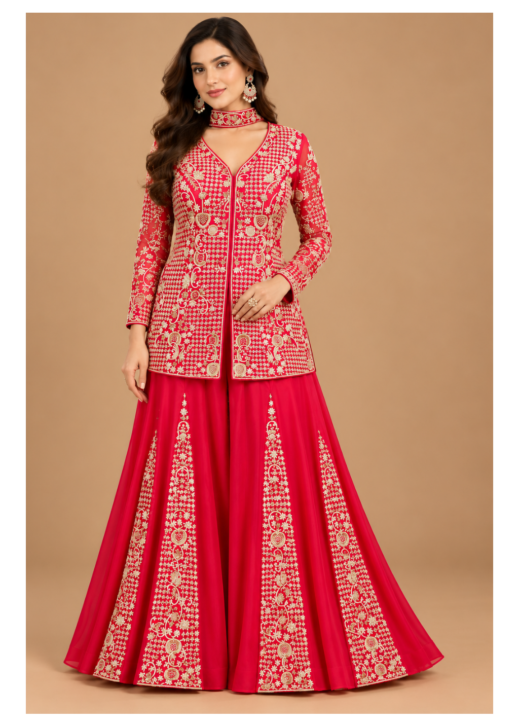 Crimson Red Embroidered Jacket Sharara Set