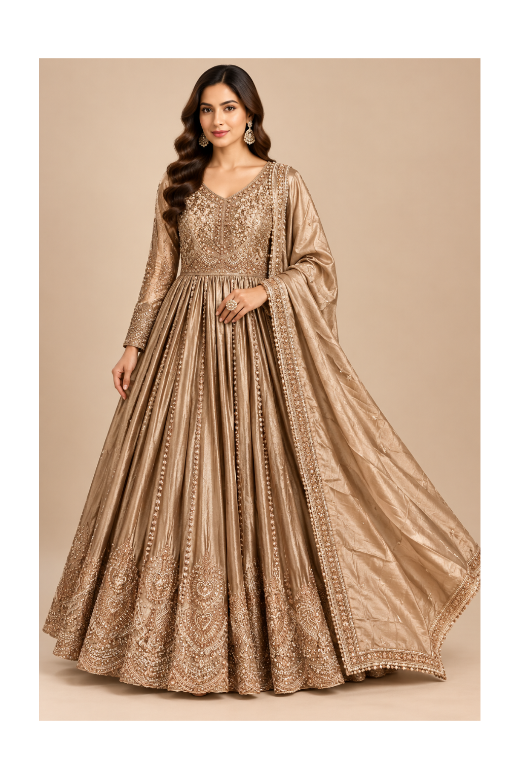 Antique Gold Tissue Embroidered Anarkali Gown & Dupatta Set