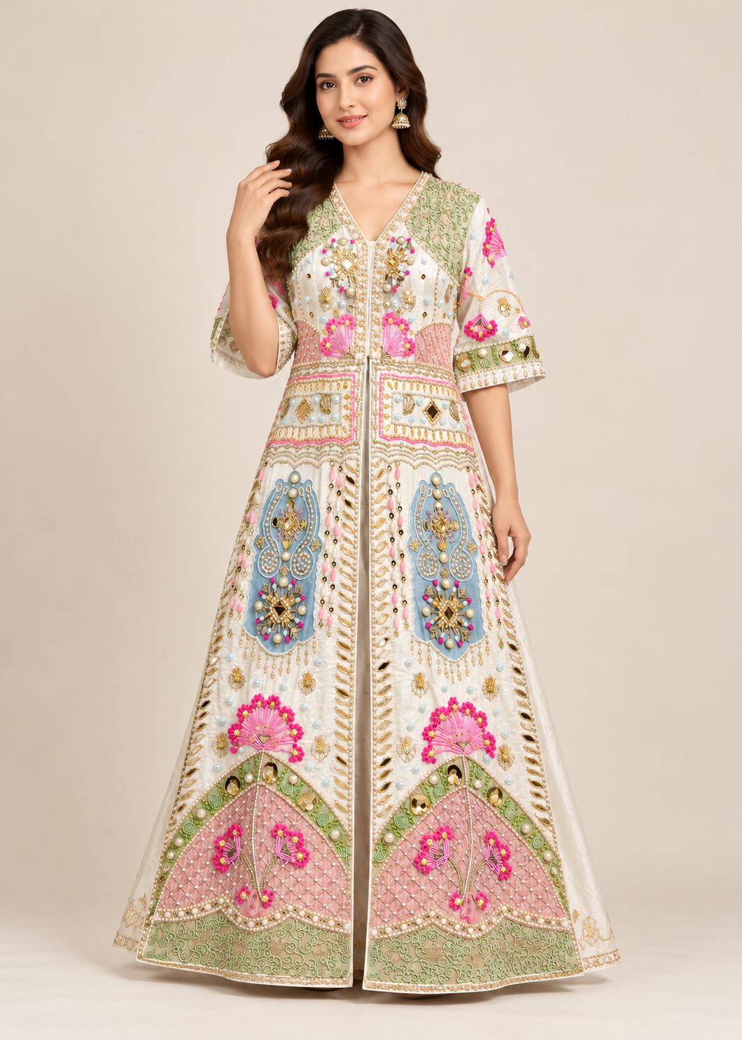 Ivory Pastel Embroidered Silk Jacket Gown