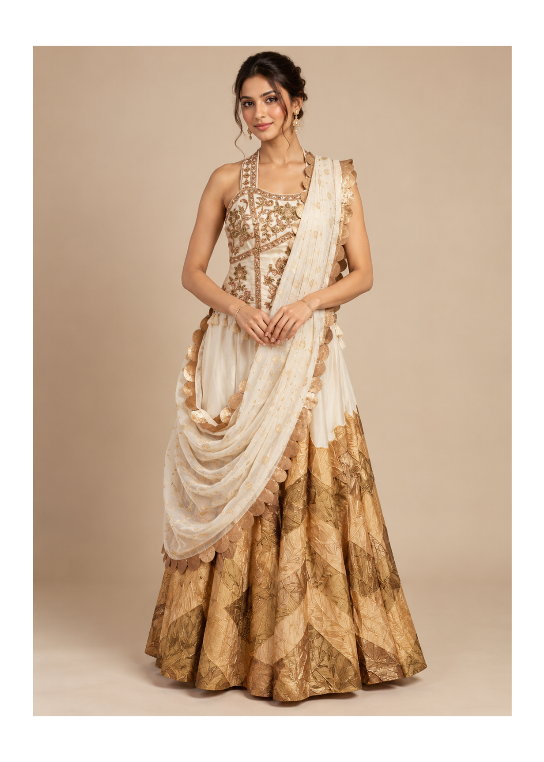 Ivory Gold Embroidered Draped Lehenga Set