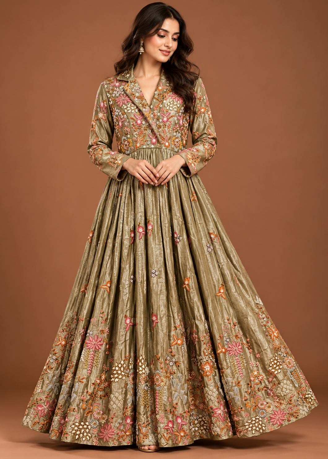 Olive Gold Embroidered Collar Anarkali Gown
