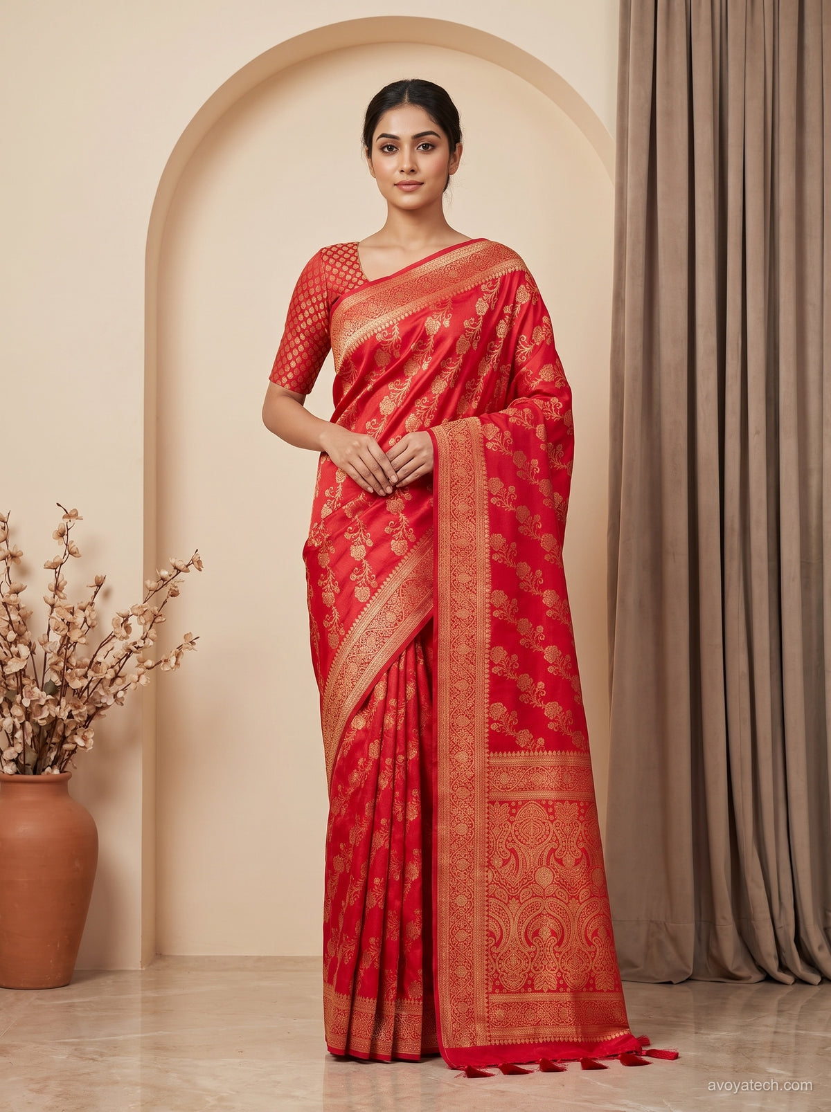 Crimson Red Banarasi Silk Saree with Rich Golden Zari Jaal &amp; Blouse Piece