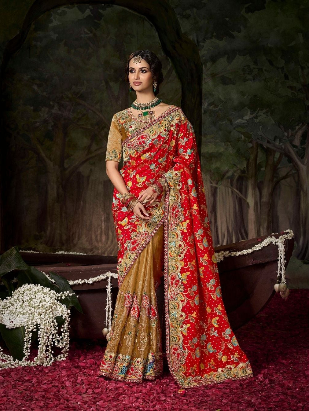 Regal Crimson and Gold Fusion Saree