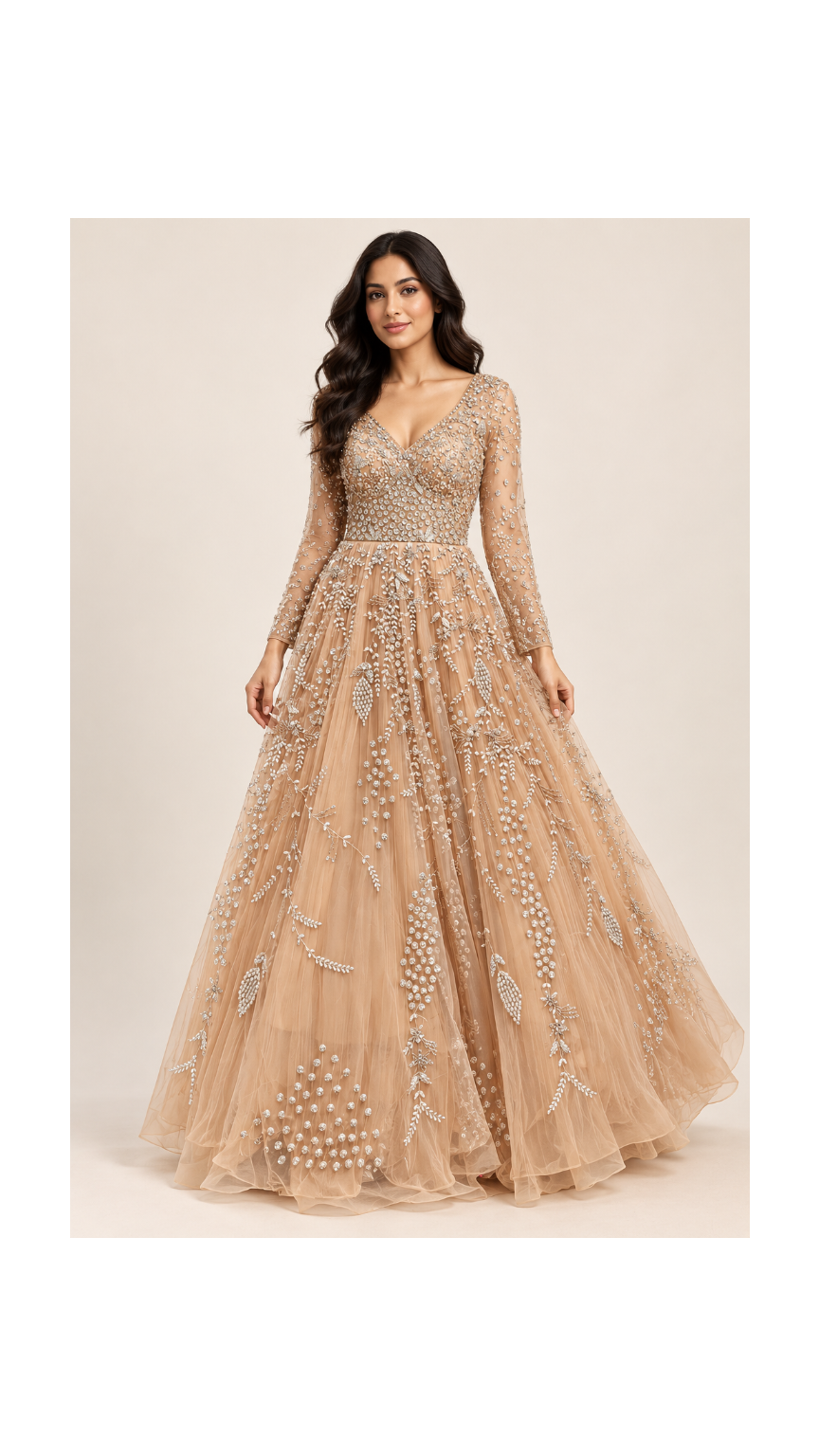 Champagne Gold Botanical Embellished Evening Gown