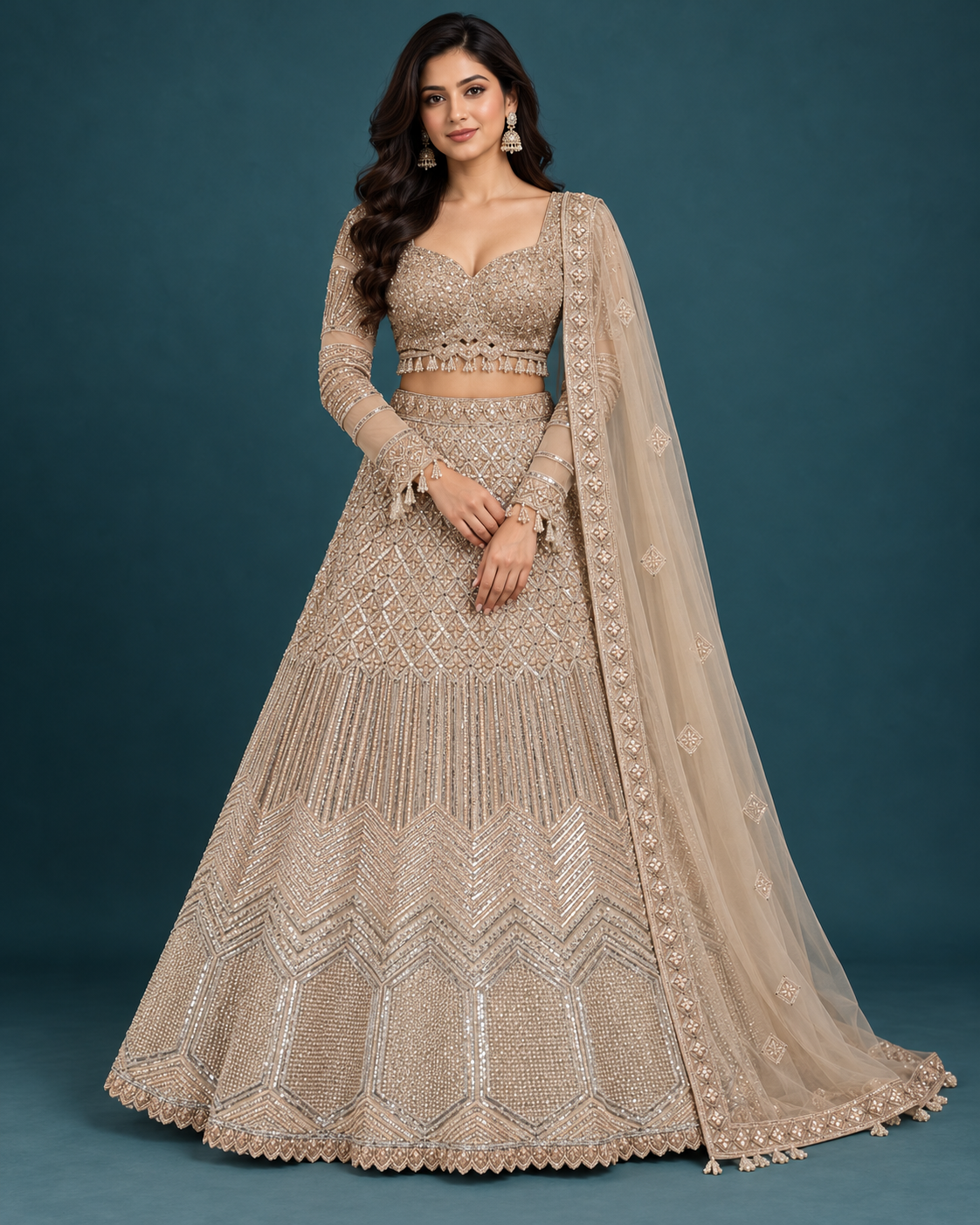 Champagne Gold Geometric Embroidered Bridal Lehenga