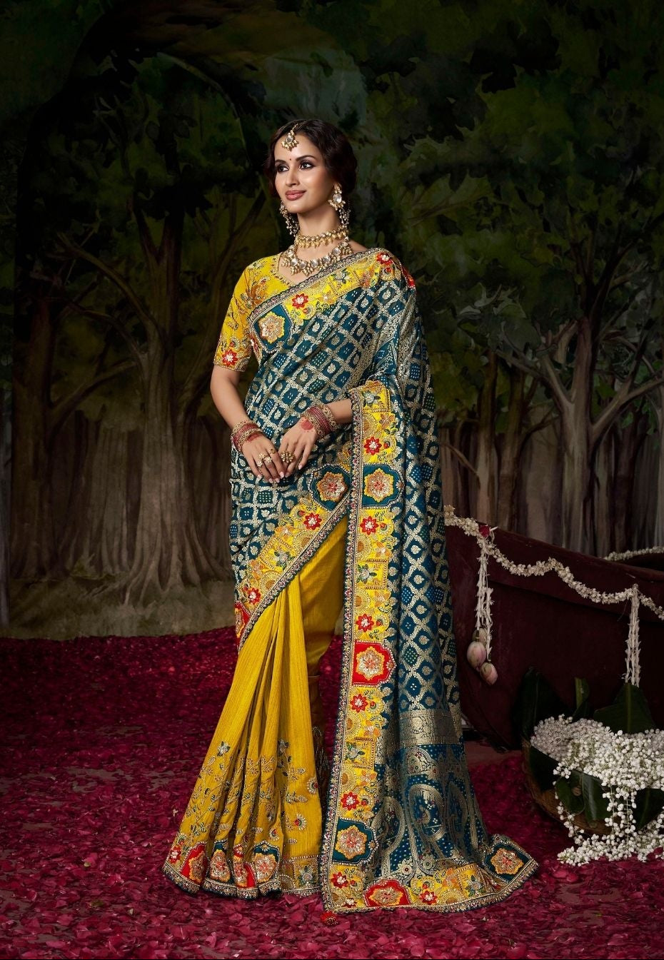 Exquisite Teal and Yellow Bandhani Saree Main image