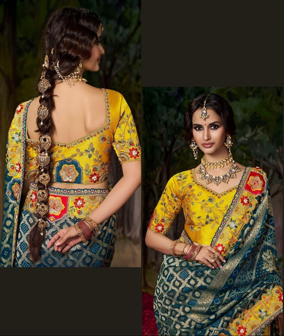 Exquisite Teal and Yellow Bandhani Saree