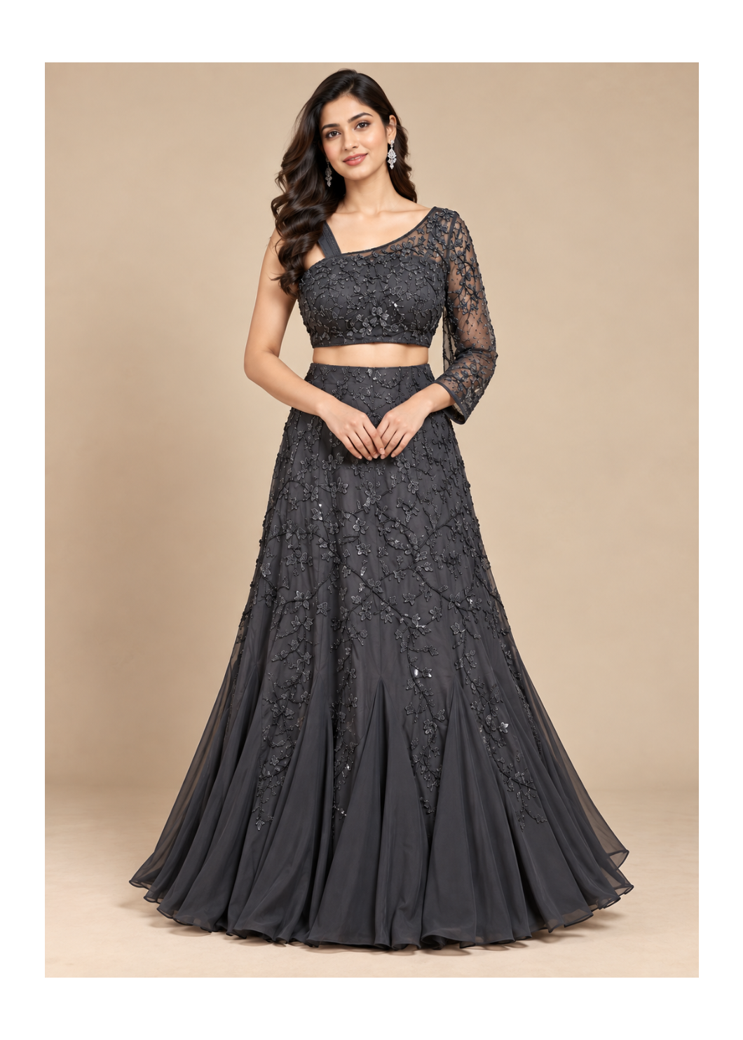 Charcoal Grey Floral Embroidered Lehenga Set