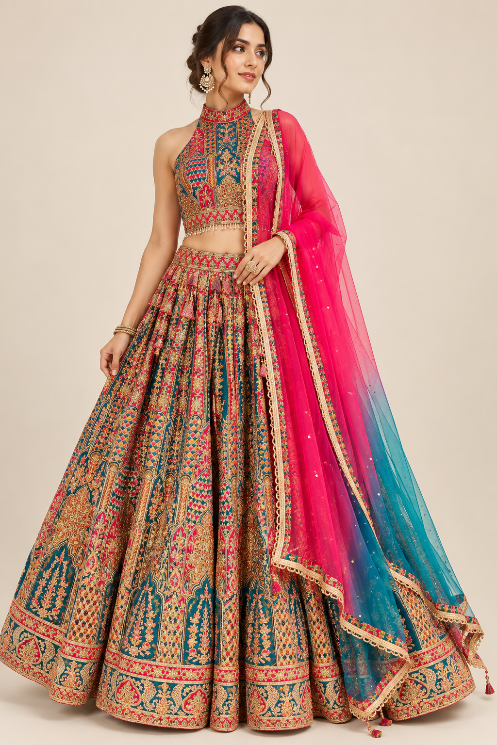 Teal & Rani Pink Embroidered Halter Lehenga Choli Set