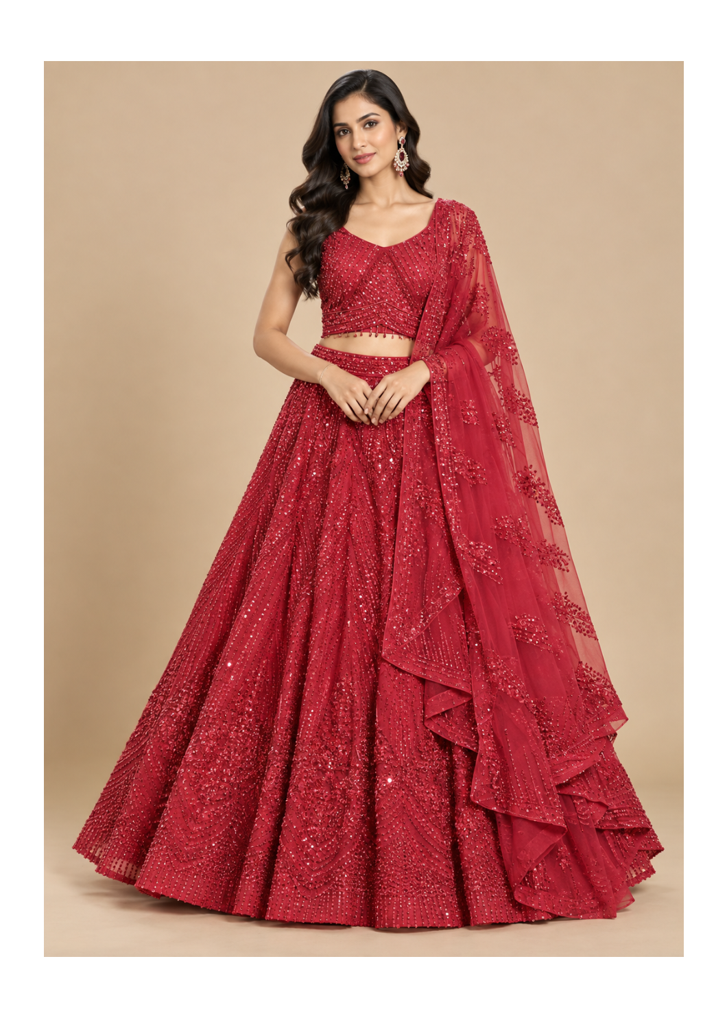 Red Sequin Embroidered Bridal Lehenga Set